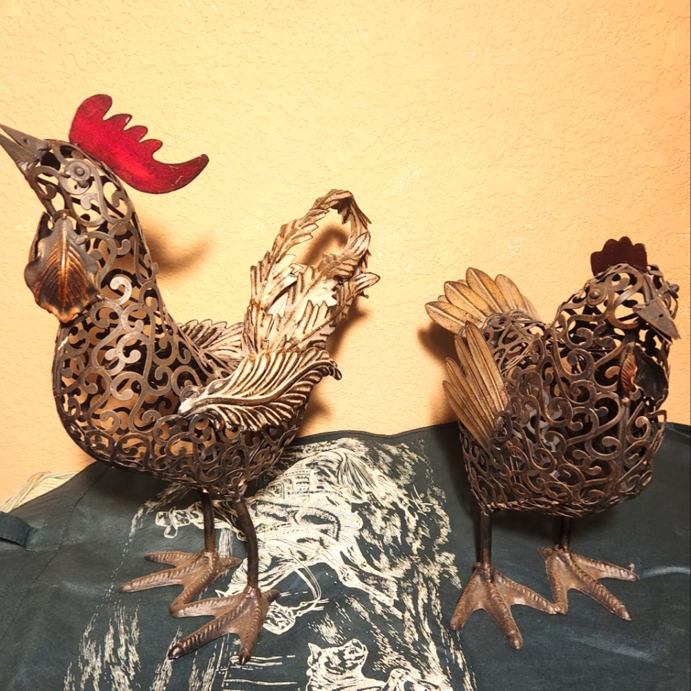 Pair of Filigree metal chickens